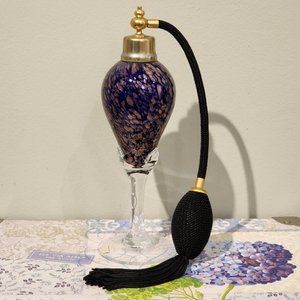 Vintage Cobalt Blue/Gold Swirl Art Glass Perfume Bottle with Atomizer